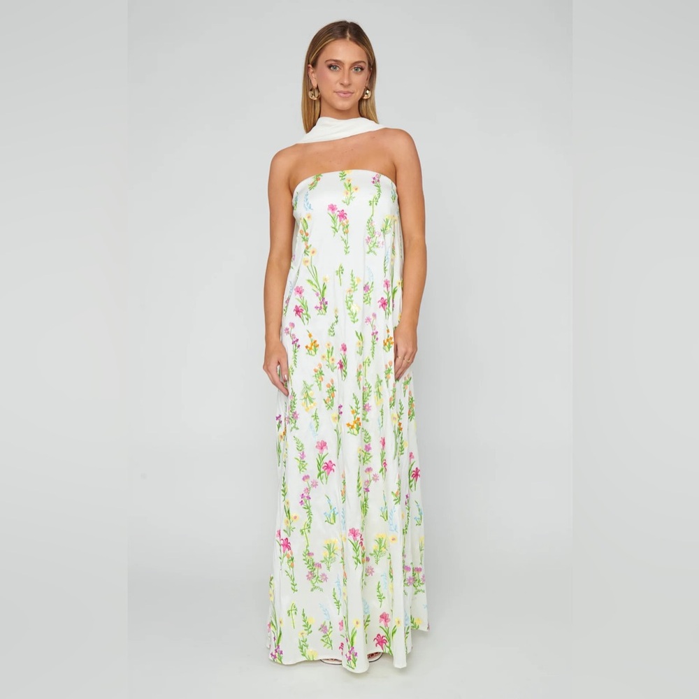 Floral White Strapless Maxi Dress